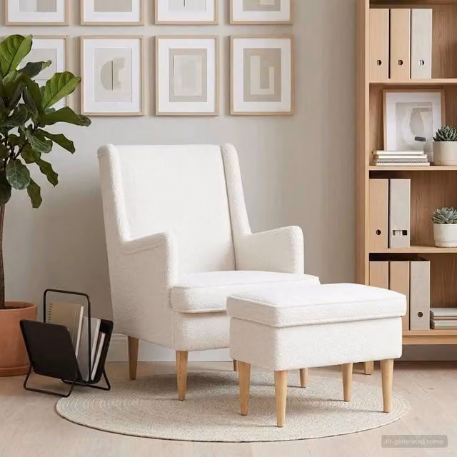 Set di Poltrona con Ottoman vidaXL in tessuto Bouclé Beige e Bianco – 1