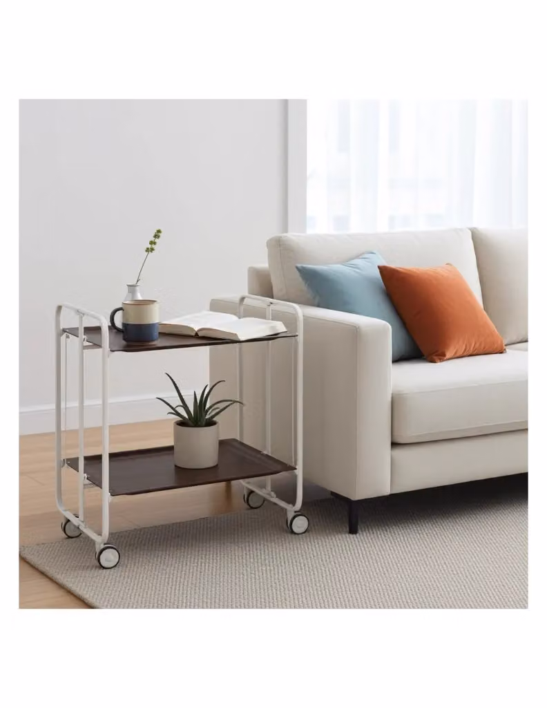 Carrello da cucina pieghevole DON HIERRO con struttura in metallo bianco e ripiani in MDF laminato, dotato di ruote, H 72,0 cm x L 66,0 cm x P 43,0 cm – 2
