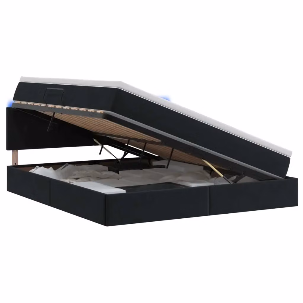 Letto con contenitore e illuminazione LED vidaXL in velluto nero con porta USB, L: 160 cm, P: 204 cm, H: 88 cm – 2