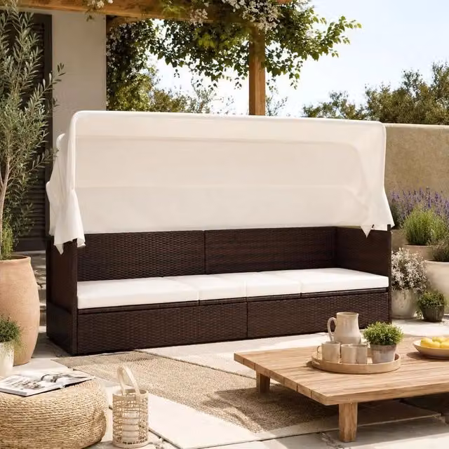 Garden Sofa With Sunshade, Poly Rattan, Brown