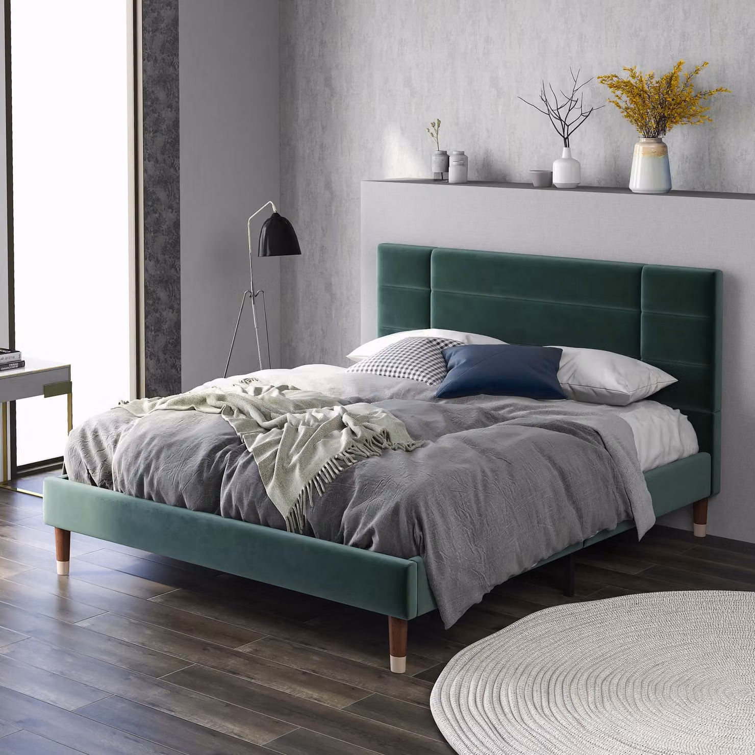 okwish Letto imbottito, Letto matrimoniale con rete, 140x200 cm, struttura imbottita con testiera, Velluto, per adulti e ragazzi, Verde (senza materasso)
