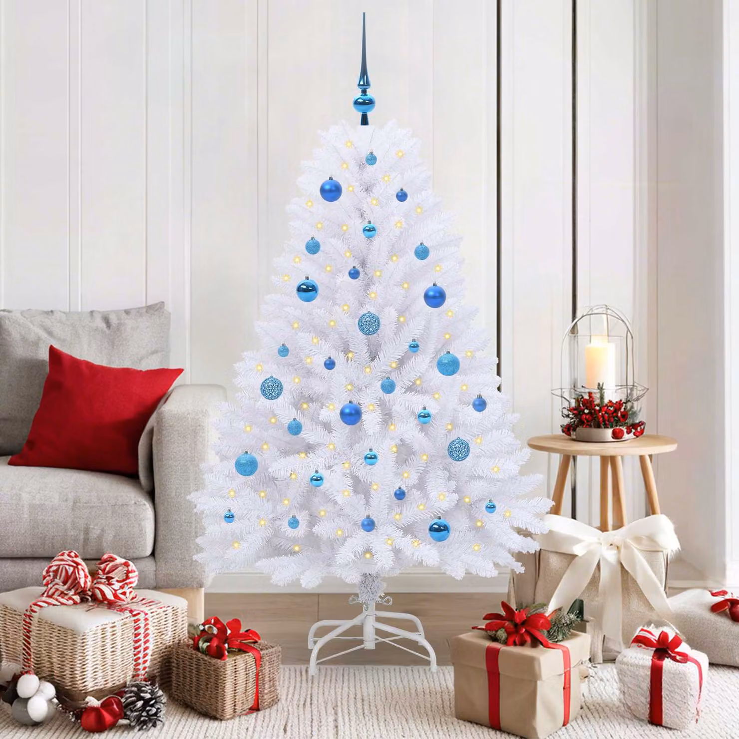 Albero di Natale Artificiale Moderno vidaXL con LED e Rami Pieghevoli Bianco e Blu