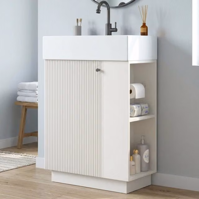 Mobile Sottolavabo da Bagno Minimal con Lavabo in Ceramica Bianco Effetto Legno e Portacarta Igienica