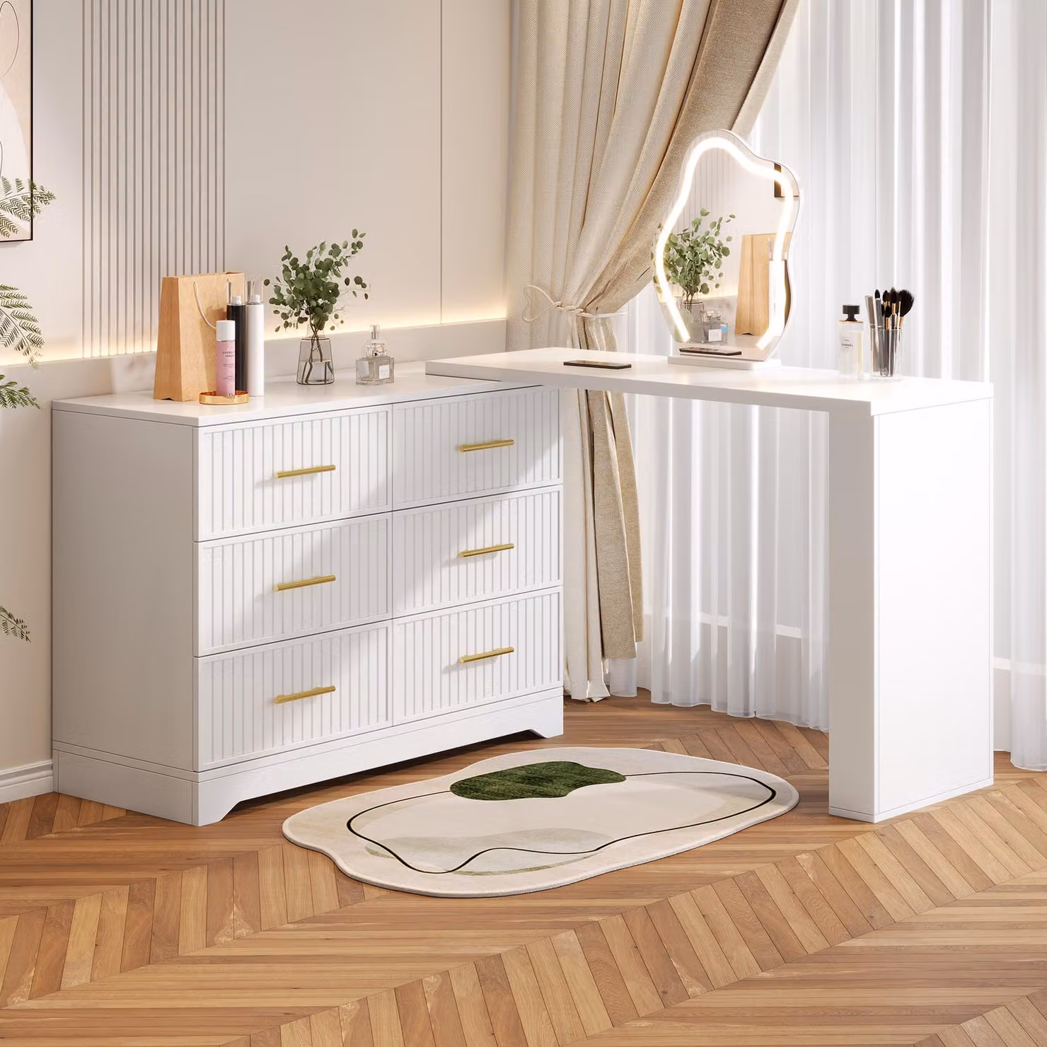 Comò da trucco Merax con specchio a LED, tavolino da trucco a forma di L girevole con 6 cassetti, scrivania per cosmetici e scrivania per la camera da letto, bianco