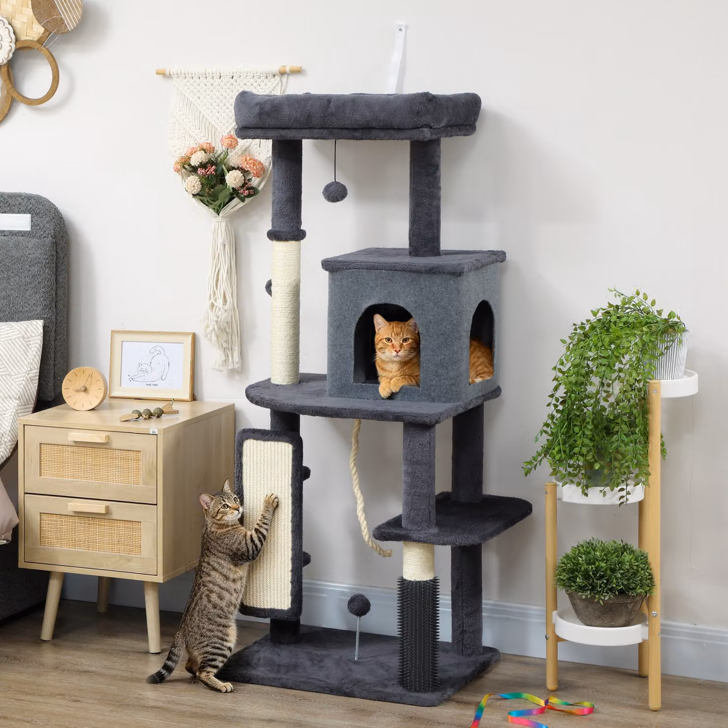 Albero per Gatti Multilivello PawHut con Casetta, Lettino e Tiragraffi in Sisal, Grigio Scuro, Altezza: 132 cm – 2