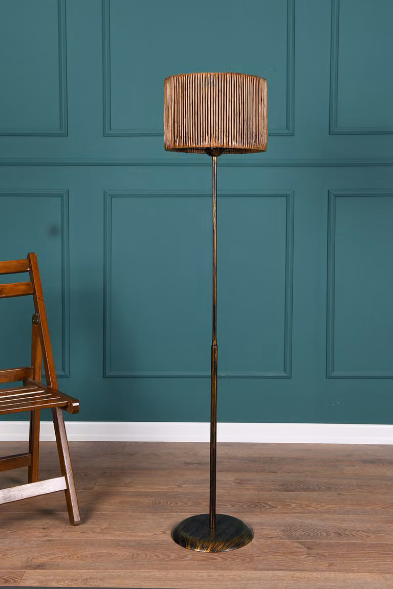 Opviq, lampada da terra di alta qualità con struttura in metallo, paralume in finto bambù (30 x 30 cm), altezza: 165 cm, attacco E27, max. 40 W, nero e oro rosa, certificata CE, design rustico.