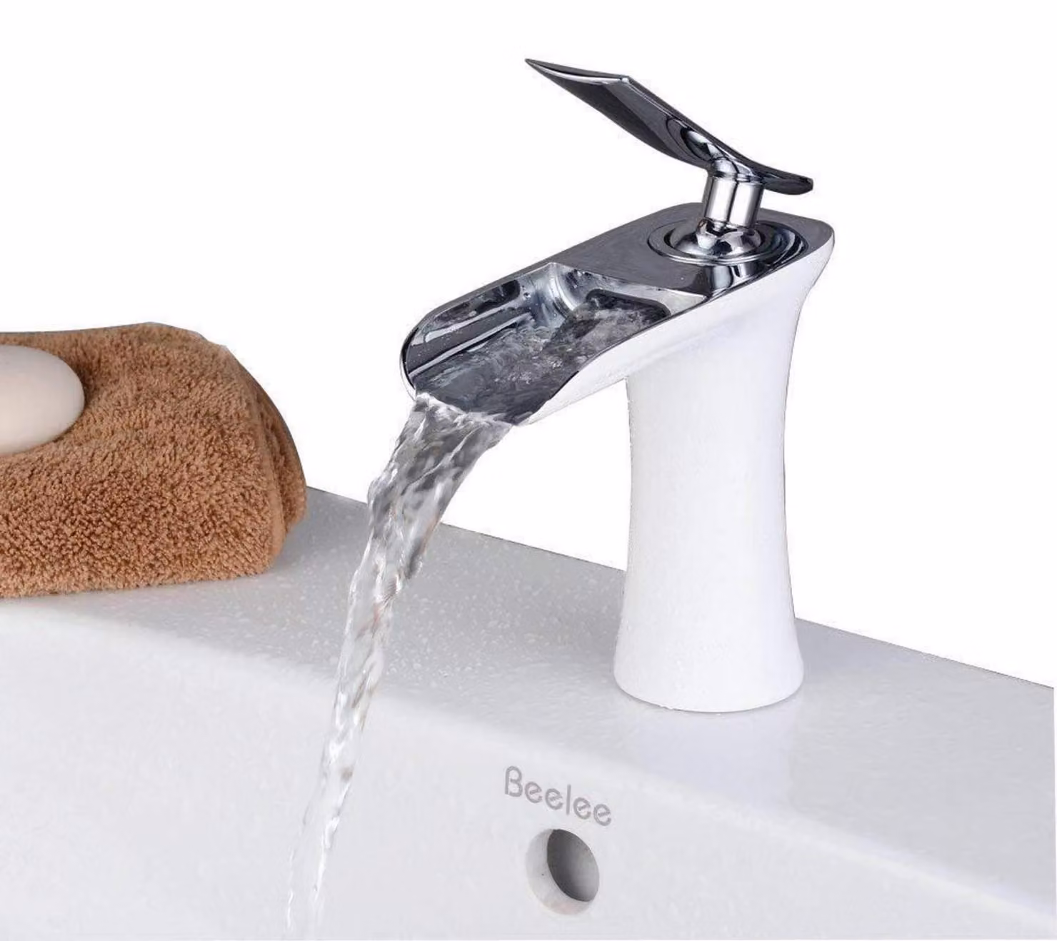 Miscelatore monocomando a cascata per lavabo, in ottone, bianco/cromato