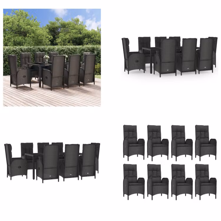 vidaXL Set da pranzo da giardino 9 pezzi con cuscini in poly rattan nero e grigio - Set da pranzo da giardino - Set da pranzo da giardino - Set da pranzo da terrazza