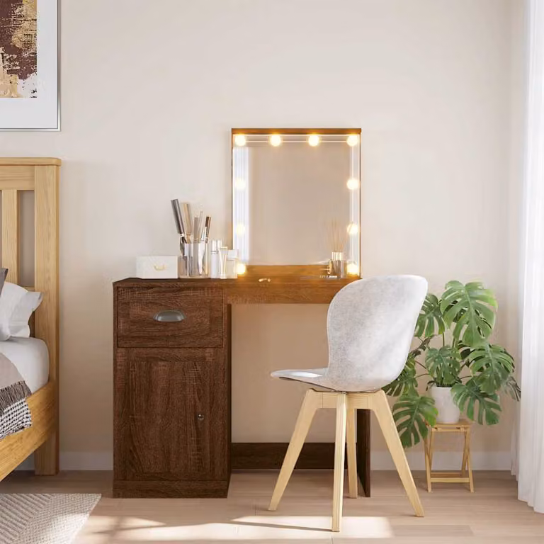 vidaXL Toeletta Moderna con Luci LED in Rovere Marrone L: 90 cm, P: 42 cm, H: 132,5 cm