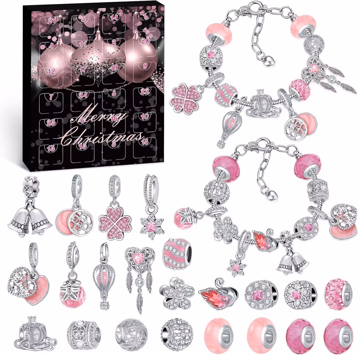 Calendario dell'Avvento con gioielli, set da 24 pezzi, ideale per creare braccialetti con ciondoli, adatto a ragazze e donne