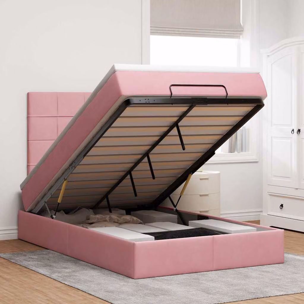 Letto con Pouf e Materasso vidaXL in Velluto Rosa e Bianco con Base a Sollevamento, Illuminazione Sotto il Letto e Porte USB, L/P/H: 200 x 120 x 128 cm