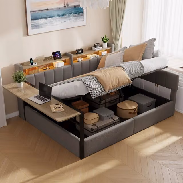 Letto a divano 140x200 cm; letto contenitore idraulico; LED; ripiano ribaltabile; comodini intercambiabili; porta USB; velluto; grigio