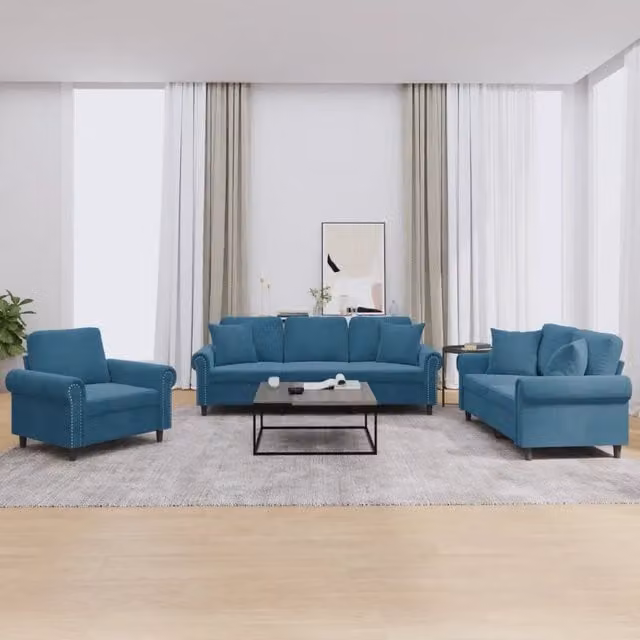 Set di divani 3 pezzi vidaXL in velluto blu con cuscini per soggiorno moderno – 1