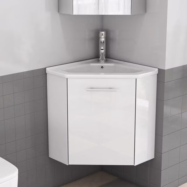 Mobile angolo bagno bianco lucido con lavabo in ceramica e paraschizzi, maniglie in metallo, cerniere ammortizzate, preassemblato
