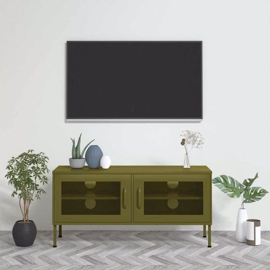 Mobile TV vidaXL in metallo verde oliva con scomparti multimediali L: 105 cm, P: 35 cm, H: 50 cm – 1