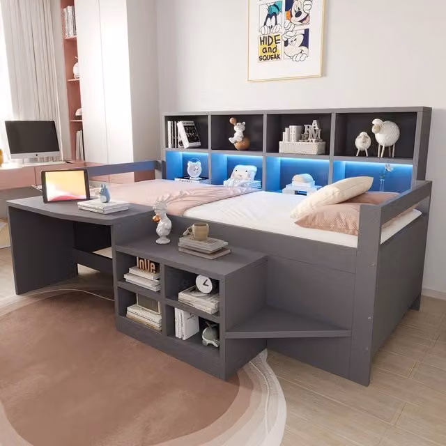 Letto singolo per bambini con scrivania ¨C Minimal ¨C grigio, legno massello, 90x200cm, con LED, ripiani e spazio contenitore
