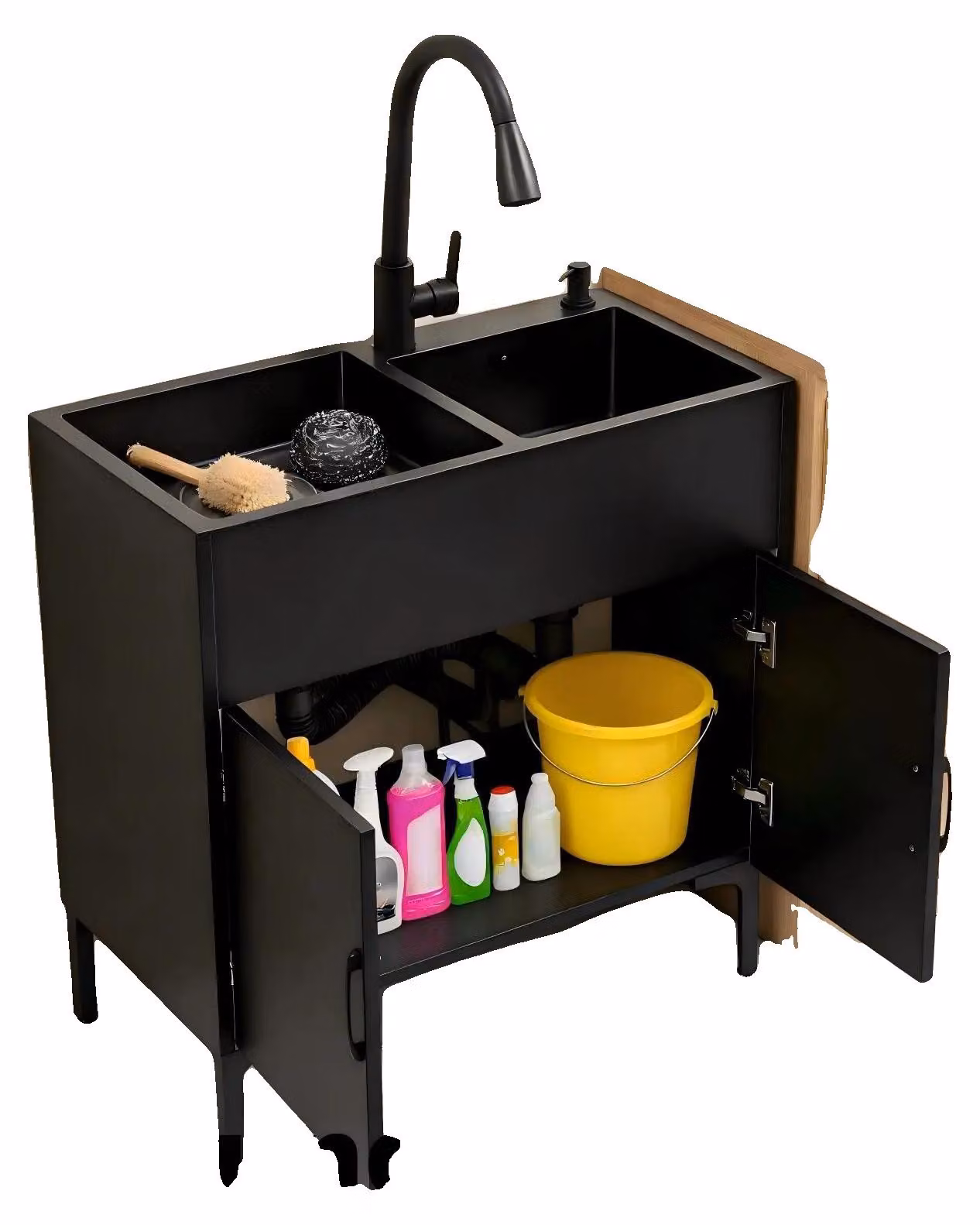 Mobile sottolavello da cucina, dimensioni totali 75 x 41 cm, vasca grande 36 x 36 x 20 cm, vasca piccola 31 x 31 x 20 cm, lunghezza estensibile del rubinetto 30 cm, diametro dell'apertura di scarico 11 cm
