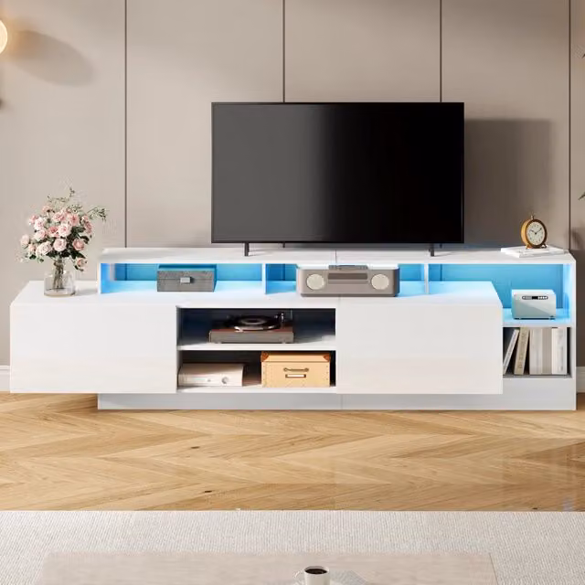 Mobile TV con 2 ante a ribalta vano aperto LED in truciolare bianco per TV fino a 70 pollici 190 × 40 × 48;5 cm