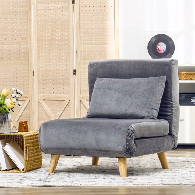 Poltrona letto pieghevole REDOM grigia con struttura in metallo e legno di gomma L: 72 cm, P: 78 cm, H: 79 cm