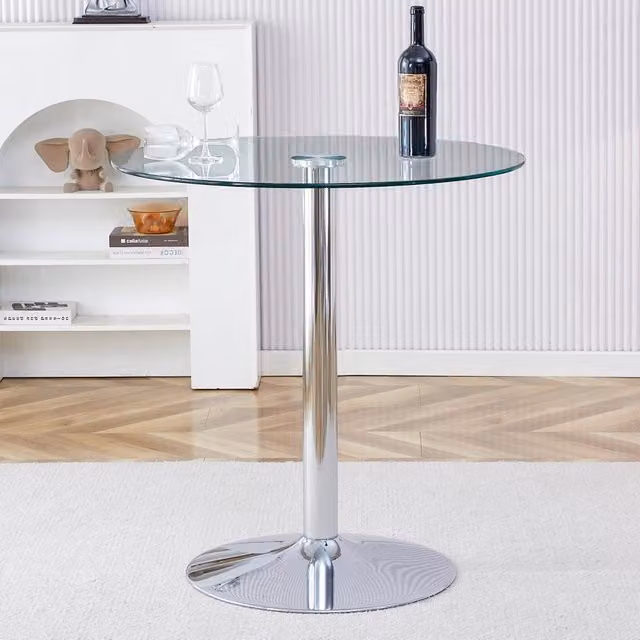 Tavolo da Pranzo Rotondo Minimal in Vetro Temperato Trasparente con Base in Metallo Argento Diametro: 89 cm, Altezza: 92 cm
