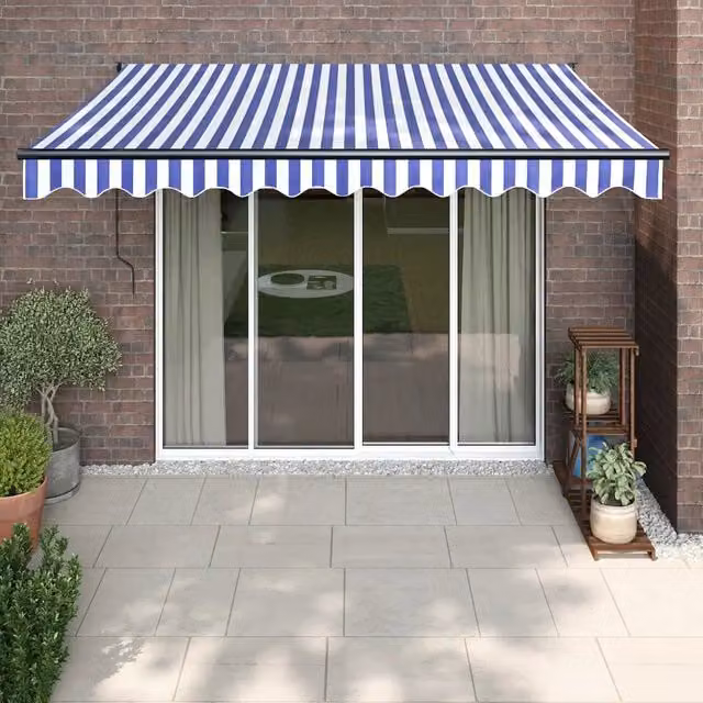 Tenda da sole automatica retrattile Videx con bracci a scomparsa in alluminio e tessuto in poliestere, Blu e Bianca, L: 3 m x P: 2,5 m – 1
