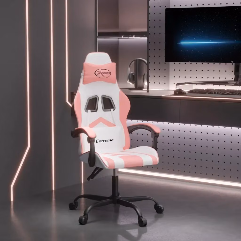 Sedia da Gaming Girevole Bianco e Rosa in Similpelle con Poggiatesta e Braccioli – 2