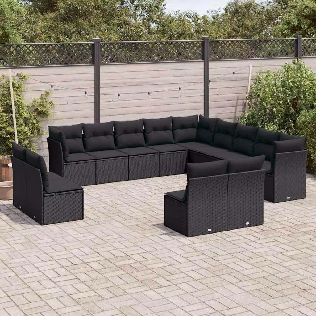 Set di divani da giardino vidaXL a forma di U in polyrattan nero con cuscini inclusi – 1