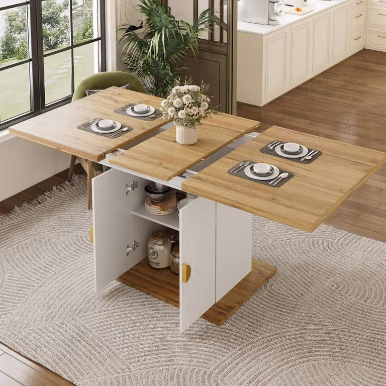 STILVORA Tavolo da pranzo allungabile con ampio vano portaoggetti, piano in impiallacciatura di legno con motivo a raggiera, tavolo allungabile versatile per cucina e soggiorno