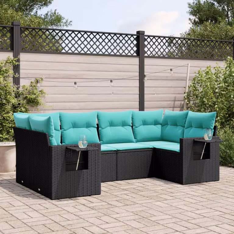 Set di divani da giardino vidaXL a forma di L composto da 6 pezzi con cuscini blu e struttura in polyrattan nero e metallo