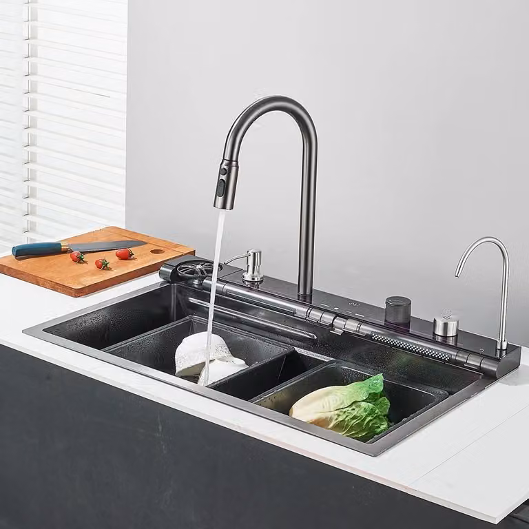 Lavello da cucina a cascata - Vasca singola, da appoggio - Acciaio inossidabile - Rubinetto con attacco per filtro - Doccetta estraibile a 3 funzioni - Display LED della temperatura (ad energia idraulica) - Grigio canna di fucile/Verde