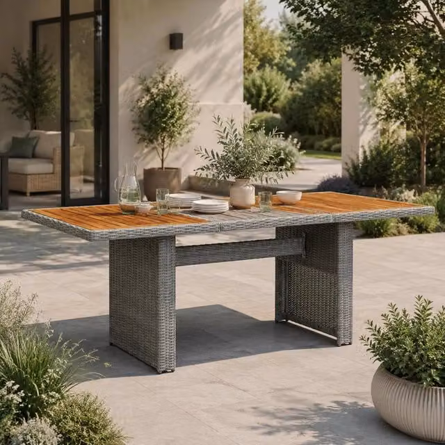 Garden Table Light Grey Poly Rattan And Acacia Solid Wood