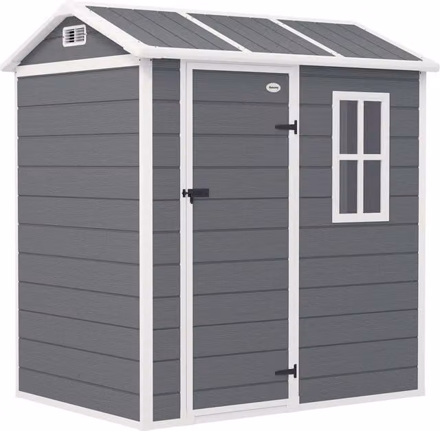 Casetta da giardino Outsunny in resina grigia con pavimento, finestra e porta richiudibile