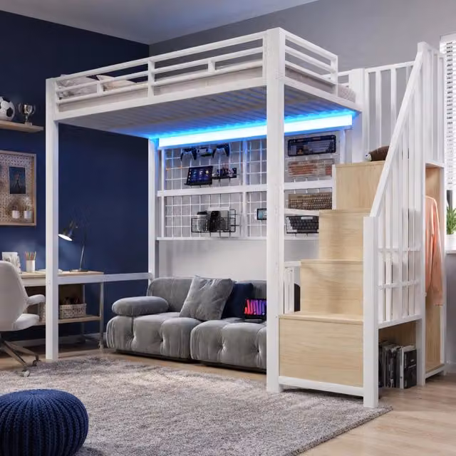 Letto a soppalco 90x200 cm con struttura in ferro, guardaroba con scala contenitore, griglia portaoggetti, LED a 7 colori, bianco, senza materasso