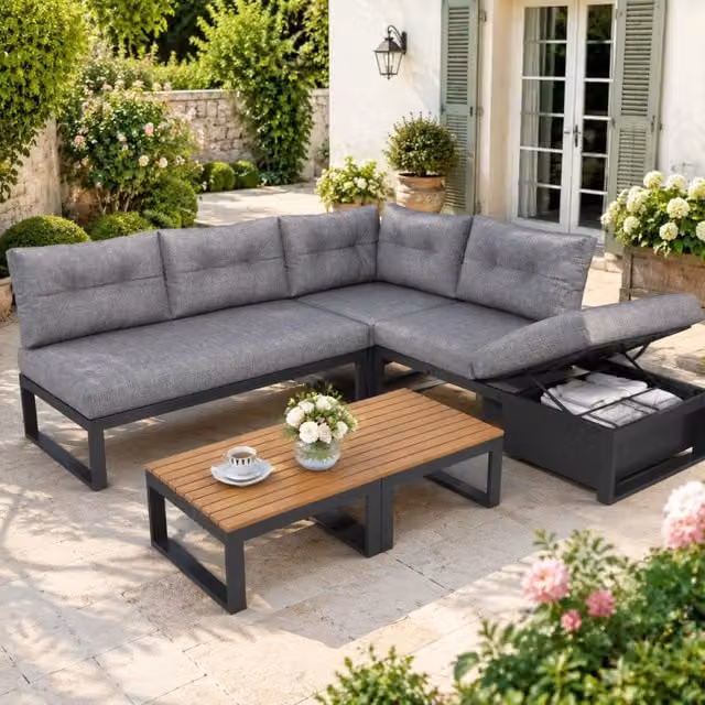 Set da giardino modulare 191.5x191.5x79 cm con contenitore; poliestere grigio