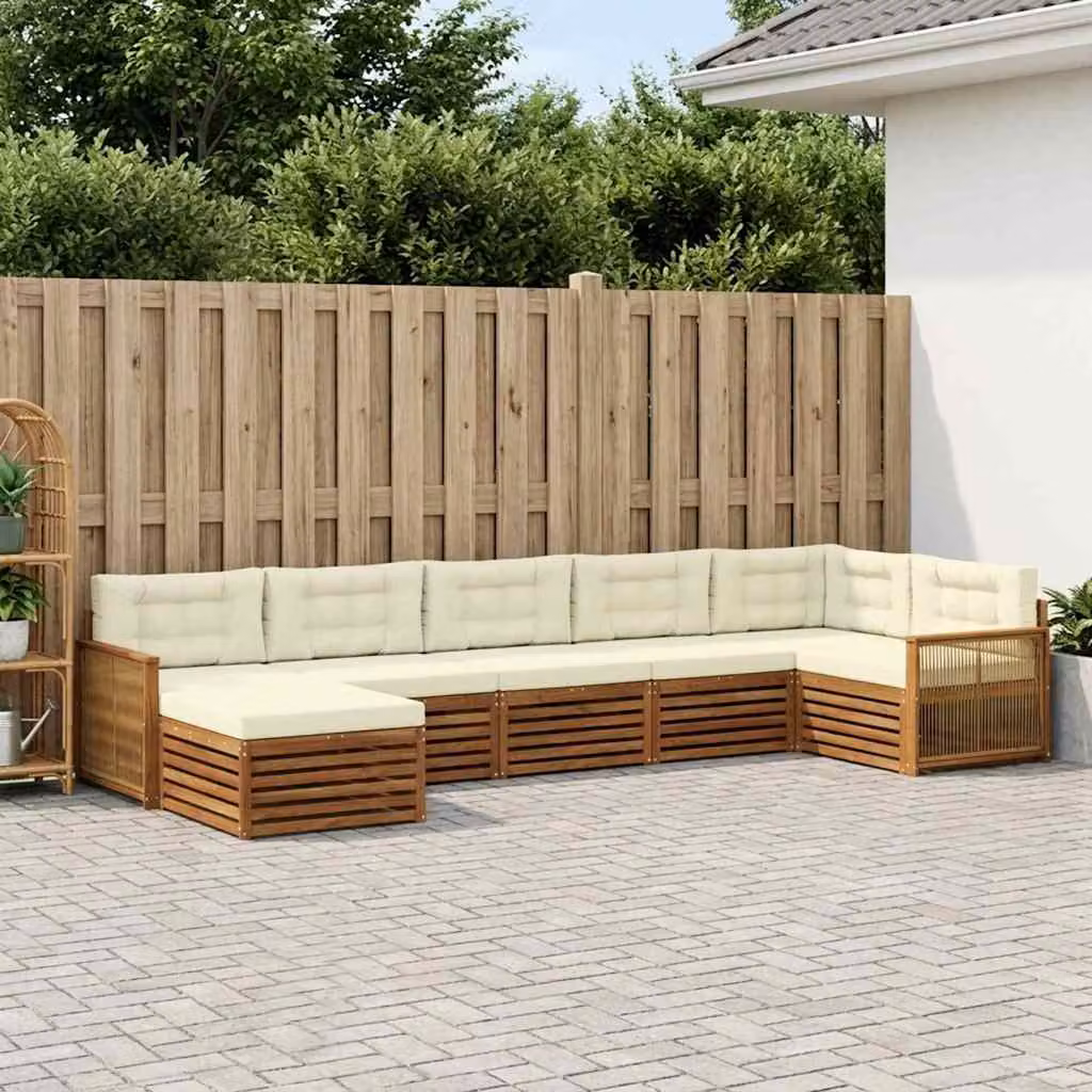 Set di divani da esterno vidaXL 7 pz in legno di acacia con cuscini, composizione a L con pouf, colori beige, bianco e marrone