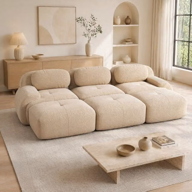 Divano modulare 3 posti 298x178x70 cm in tessuto beige, senza montaggio, per soggiorno –