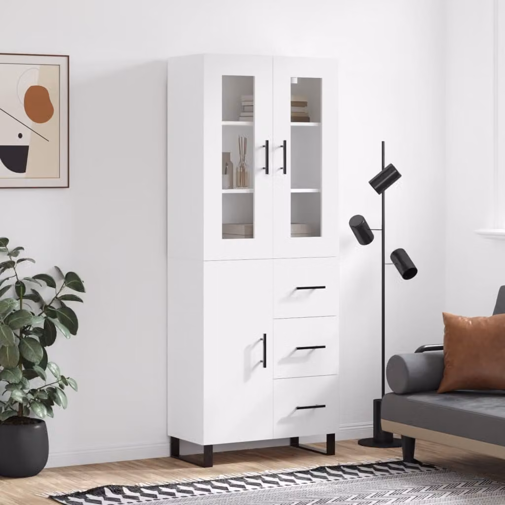 Credenza moderna vidaXL bianca con ante in vetro e ripiani interni, L: 69,5 cm, P: 34,0 cm, H: 180,0 cm