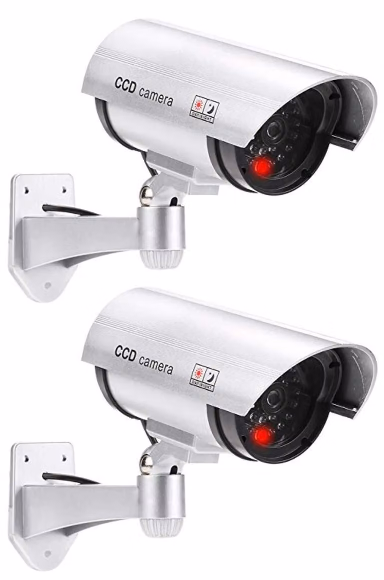 Set di 2 telecamere di sicurezza finte per esterni, con LED lampeggianti e supporto regolabile a 360°