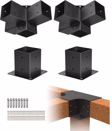 Kit di 2 staffe angolari a 4 vie VEVOR in acciaio inossidabile nero per pali in legno, ideale per gazebo, pergolati da giardino e baite in tronchi, dimensioni: 152 x 152 mm per pali da 92 x 92 mm