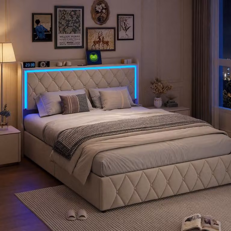 Letto imbottito UnboxG, 160x200 cm, con sistema di sollevamento a gas per lo stoccaggio, testiera LED, rivestimento in velluto, design Chesterfield, rete a doghe, colore beige