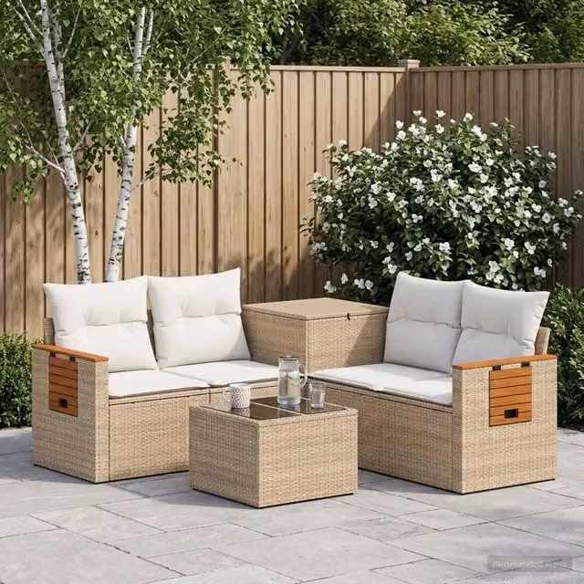 Set di mobili da giardino vidaXL in polyrattan composto da 6 pezzi con divani a L, tavolino e pouf, colori beige e bianco