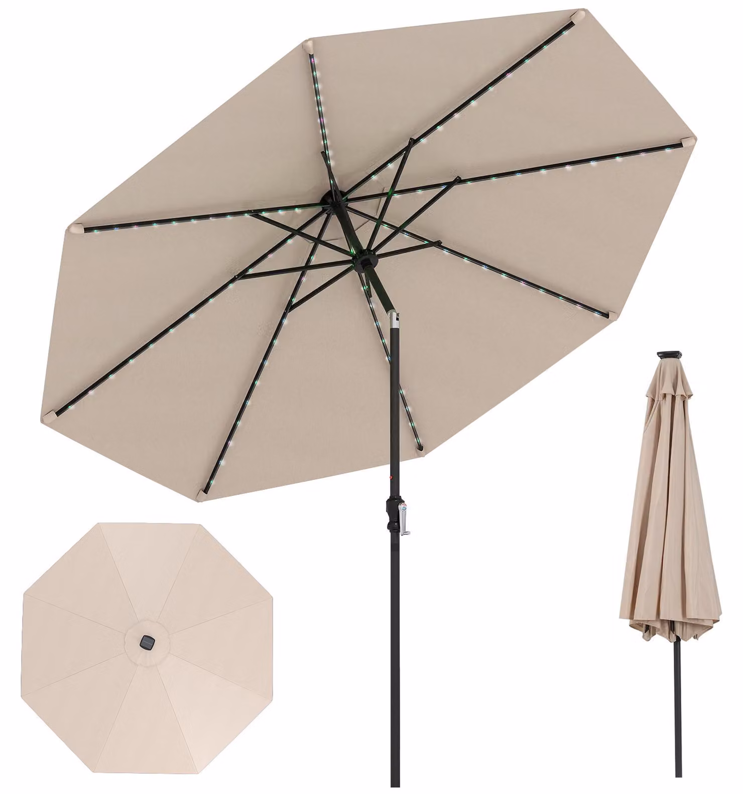 KOMFOTTEU Ombrellone da giardino da 300 cm con 96 luci LED e 9 modalità, ombrellone con manovella, ombrellone da terrazza inclinabile di 35° su entrambi i lati, ombrellone da mercato per balcone, spiaggia, piscina, senza base