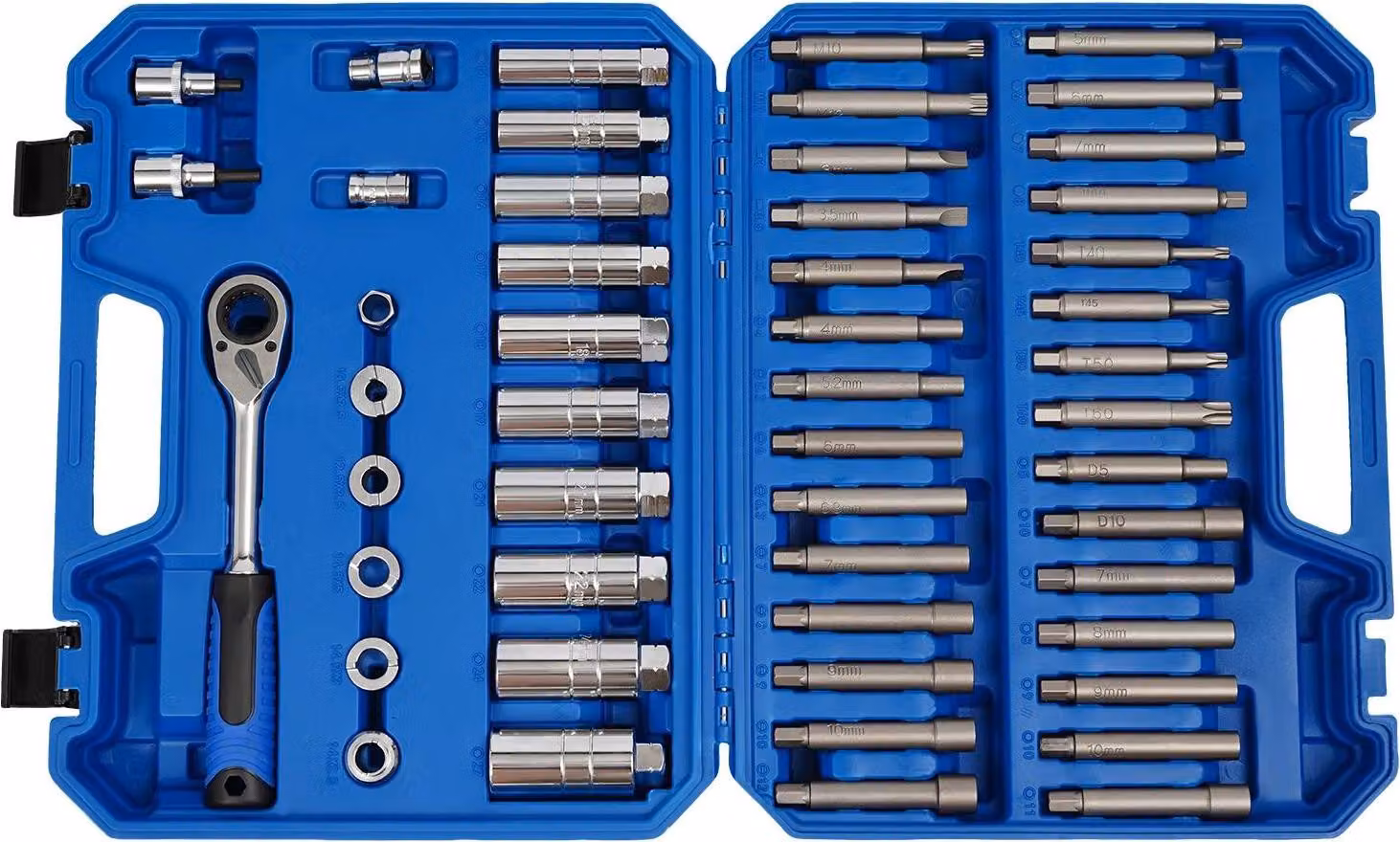 Set di utensili per ammortizzatori - Utensili di smontaggio 50 pezzi - Acciaio Cr-V - Forgiati a freddo e temprati - Chiave/adattatore scanalato - Valigetta portautensili 9,3×40,5×32 cm - Blu/argento