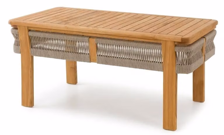 Tavolino da esterno moderno in legno naturale, stile elegante, forma rettangolare, robusto, ideale per la terrazza