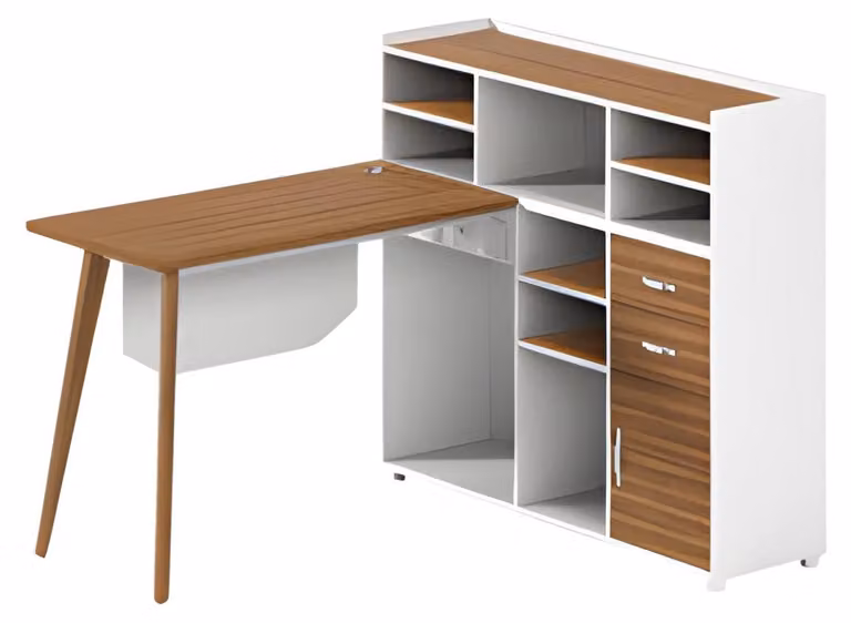 Schreibtisch aus Holz und Weiß mit Stauraum offenen Fächern und eleganten Beinen