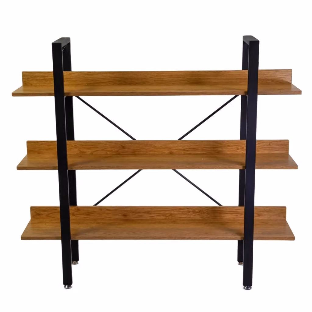 Libreria moderna Achille con 3 ripiani in metallo e legno, colore nero e marrone, L 120 cm x P 28 cm x H 108 cm – 2