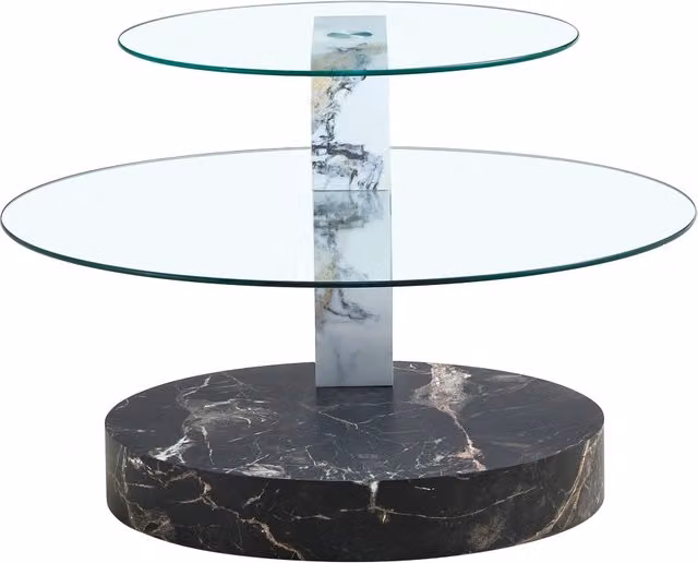 Tavolino da caffè moderno REDOM con due ripiani in vetro e MDF, design astratto e finitura lucida, colori nero e bianco, diametro: 70 cm