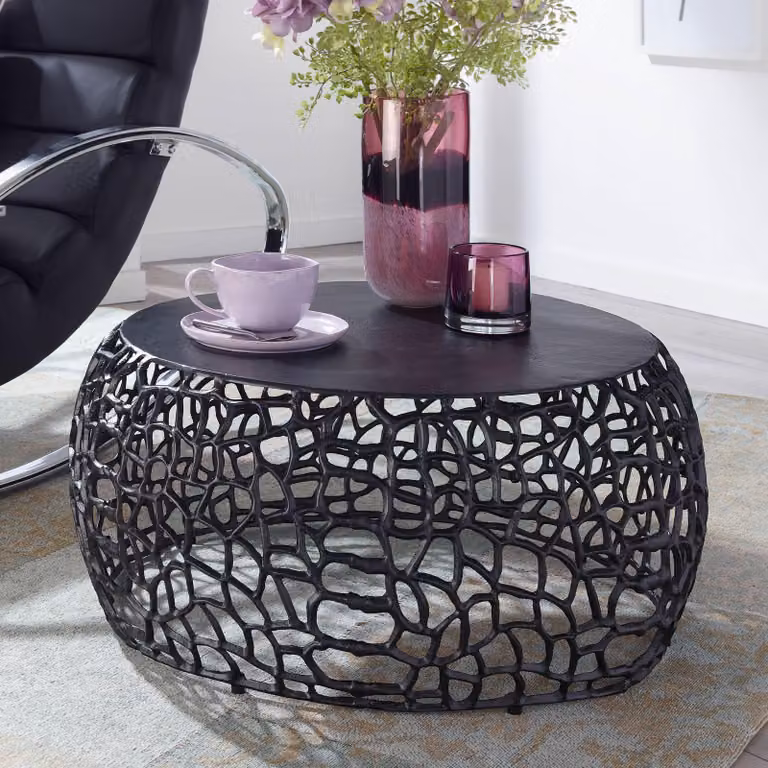 FineBuy tavolino rotondo 66cm in alluminio e metallo nero, tavolino da salotto di design con struttura AST organica, tavolino da divano moderno, tavolino laterale