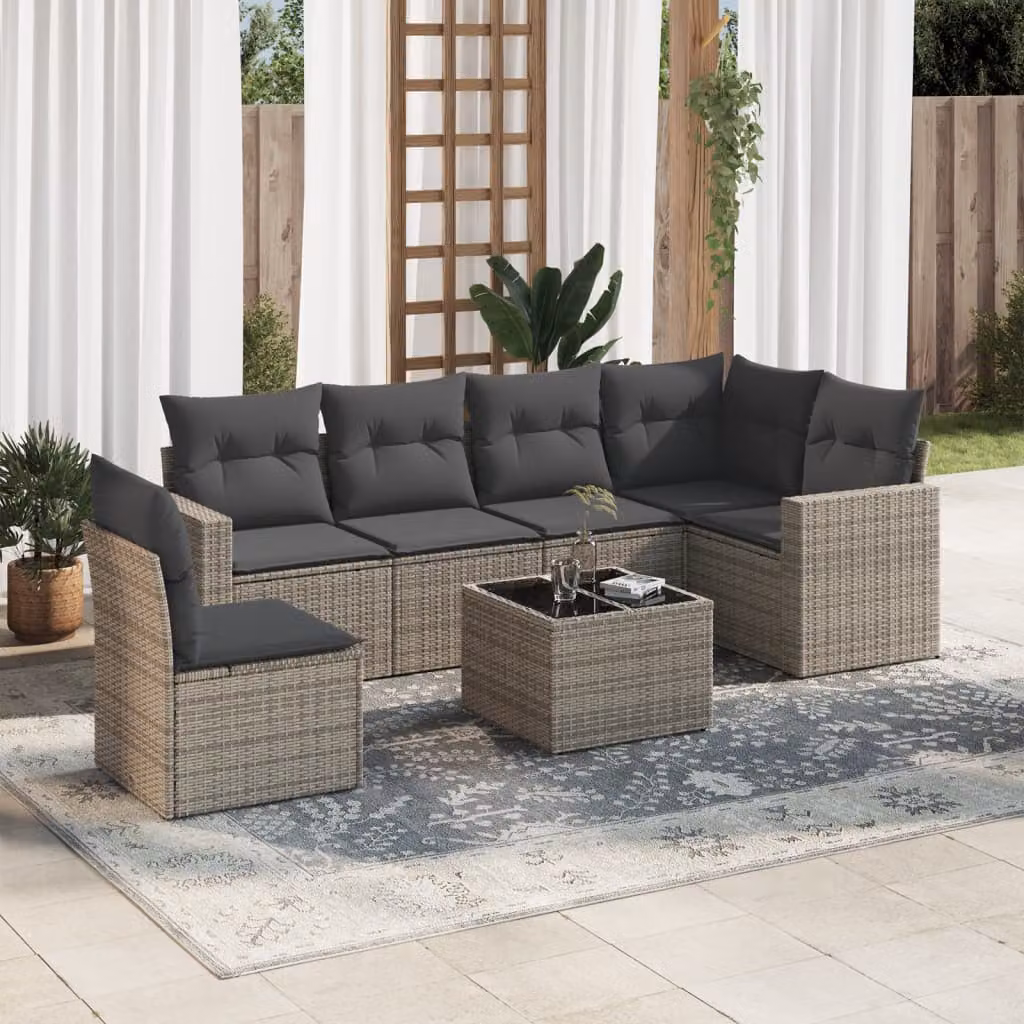 vidaXL Set Divani da Giardino 7 pz a Forma a L in Polyrattan Grigio con Cuscini e Tavolino – 1