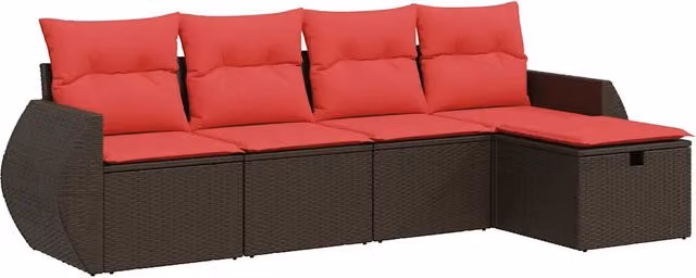 Set Divano da Giardino 5 pz | Set Salotto da Giardino con Cuscini Marrone in Polyrattan
